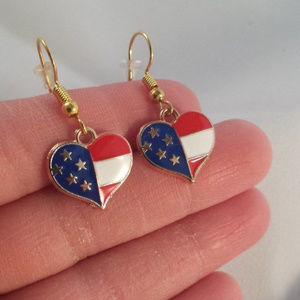 Yellow Gold Plated American Heart Shape Flag Star Dangle Earrings Gorgeous Gift